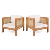 Outdoor Club Chair Set of 2, Acacia Wood Frame with Wicker Armrest and Beige Cushions,400 lbs Capacity