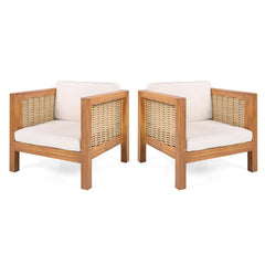 Outdoor Club Chair Set of 2, Acacia Wood Frame with Wicker Armrest and Beige Cushions,400 lbs Capacity