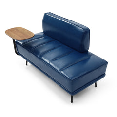 55"Inch Width Modern End of Bed Bench,Blue Faux Leather Upholstered With side table, 360-degree Swivel tray couch,Entryway Ottoman,Window Bench with Metal Legs for Bedroom, Living Room