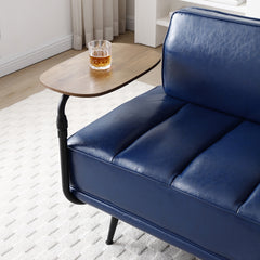 55"Inch Width Modern End of Bed Bench,Blue Faux Leather Upholstered With side table, 360-degree Swivel tray couch,Entryway Ottoman,Window Bench with Metal Legs for Bedroom, Living Room