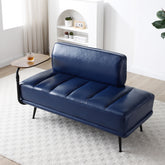 55"Inch Width Modern End of Bed Bench,Blue Faux Leather Upholstered With side table, 360-degree Swivel tray couch,Entryway Ottoman,Window Bench with Metal Legs for Bedroom, Living Room