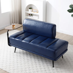 55"Inch Width Modern End of Bed Bench,Blue Faux Leather Upholstered With side table, 360-degree Swivel tray couch,Entryway Ottoman,Window Bench with Metal Legs for Bedroom, Living Room