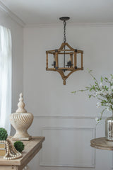 3 - Light Wood Drum Chandelier, Hanging Light Fixture with Adjustable Chain for Kitchen Dining Room Foyer Entryway, Bulb Not Included