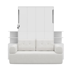 Queen Size Wall Murphy Bed with Sofa and Storage Cabinets, Space-Saving Wall Bed for Home Office & Guest Room, White