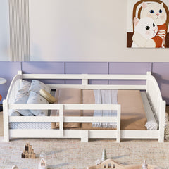 Full Montessori Floor Bed with Slats and Safety Guardrails, Solid Wood Floor Bed with Fence and Without Door, Easy Assemble Montessori Bed for Girls and Boys, White