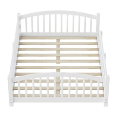 Full Montessori Floor Bed with Slats and Safety Guardrails, Solid Wood Floor Bed with Fence and Without Door, Easy Assemble Montessori Bed for Girls and Boys, White