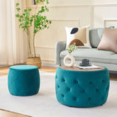 Luxurious Velvet Nesting Ottomans of 2, 4-in-1 Function, Round Storage Foot Stool with Wood Tray, No Assembly Needed, Blue (22.75"x22.75"x15"H)