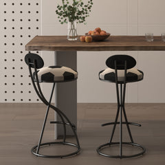 Upholstered S-shaped Barstools Set of 2 Velvet Counter Bar Stools Football Print Round Dining Stool for Kitchen & Living Room (Black Frame & Black Back)