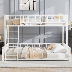 Twin XL over Queen Floor Bunk Bed Frame with Ladder and Safety Guardrails, Easy Assemble, White