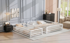 Twin XL over Queen Floor Bunk Bed Frame with Ladder and Safety Guardrails, Easy Assemble, White