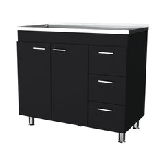 Darien melamine base cabinet, three drawers and stainless steel top.