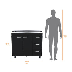 Darien melamine base cabinet, three drawers and stainless steel top.