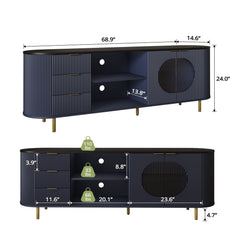 65 Inch Modern TV Stand, Fluted Media Console with Faux Marble Top, Gold Accents, Natural Blue