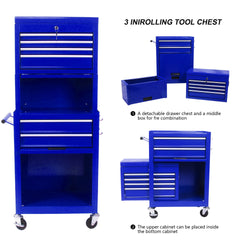 Tool Cabinet on Wheels, 6-Drawer Lockable Rolling Tool Chest w/ 4 Universal Wheels, 2 in 1 Detachable Tool Box Storage Organizer for Garage Workshop Repair Shop,BLUE