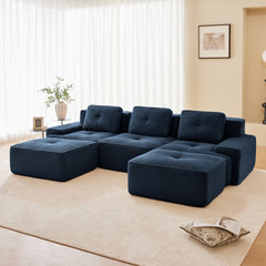 117" Modern U-Shaped Modular Sectional Sofa for Living Room, Corduroy Fabric, 3-Seater Couch with Deep Seat and Movable Ottoman,Pearl-like piping, Tufted Design,No Assembly, Anti-slip Design,Blue