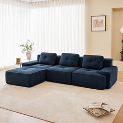 117" Modern L-Shaped Modular Sectional Sofa for Living Room, Corduroy Fabric,3-Seater Couch with Deep Seat and Movable Ottoman,Pearl-like piping, Tufted Design,No Assembly, Anti-slip Design, Blue
