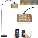 Arc Floor Lamp with Remote, Modern LED Floor Lamp with Dimmable Bulb, Boho Farmhouse Standing lamp with Fabric & Rattan Lampshades, Height Adjustable Black Tall Lamp for Living Room Bedroom
