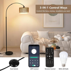 Arc Floor Lamp with Remote, Modern LED Floor Lamp with Dimmable Bulb, Boho Farmhouse Standing lamp with Fabric & Rattan Lampshades, Height Adjustable Black Tall Lamp for Living Room Bedroom