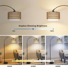 Arc Floor Lamp with Remote, Modern LED Floor Lamp with Dimmable Bulb, Boho Farmhouse Standing lamp with Fabric & Rattan Lampshades, Height Adjustable Black Tall Lamp for Living Room Bedroom