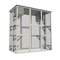 Gray Wooden Outdoor Catio Cat Enclosure with Weatherproof Asphalt Roof, Large Walk-in Cat House with 6 Platforms & 2 Napping Boxes, Solid Wood Cat Cage Kennel Condo Playpen for Patio