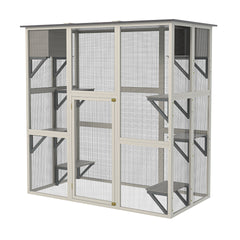 Gray Wooden Outdoor Catio Cat Enclosure with Weatherproof Asphalt Roof, Large Walk-in Cat House with 6 Platforms & 2 Napping Boxes, Solid Wood Cat Cage Kennel Condo Playpen for Patio