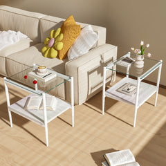 Set of 2 Rectangle End Table, Tempered Glass Tabletop with MDF layer, Modern Table for Living Room , Transparent Glass