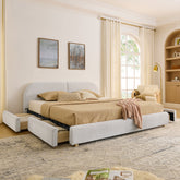 King Size Upholstered Bed Frame Modern Minimalist Style - Circle Yarn Fabric, Tall Curved Headboard, Sturdy Leg Support & Wheeled Drawer Storage, Mattress Not Included -Beige