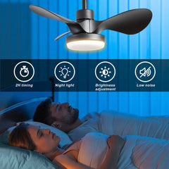 24" Small Ceiling Fan with Light remote control ,Modern Low Profile black Ceiling Fan, 6-Speeds Quiet Reversible DC motor for Bedroom,Kitchen
