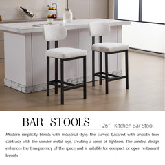 Bar Stools Set of 2, 26 inch Modern Upholstered Fabric Counter Height Barstools, Kitchen Island Chairs with Black Metal Legs for Dining Room/Kitchen Island/Bar