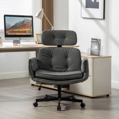 Criss Cross Chair with Adjustable Armrests & Wheels & Headrest, PU Lounge Vanity Desk Chair with Wide Seat for Cross-Legged Sitting, Swivel Task Office Chairs for Home, Makeup, Gaming, Office, Gray