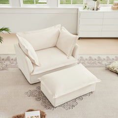 Upholstered Slipcovered Armchair with Ottoman, Deep Seat Armchair W/ Wide Ottoman for Living Room, Armchair Sets with Large Soft Pillows(Set of 2),Chenille Fabric,Cream