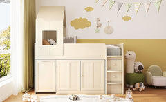 Twin Size Wooden Loft Bed with Desk, Drawers,Cabinets,Beige
