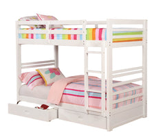 Twin Over Twin Transitional Bunk Bed With Two Drawers And Attached Ladder, White