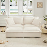 Slipcovered Sofa 2 Seater Sofa With 2 Ottomans, 2 Seater Sleeper Sofa Bed Home Theater Oversized Sofa For Living Room, Chenille, Cream