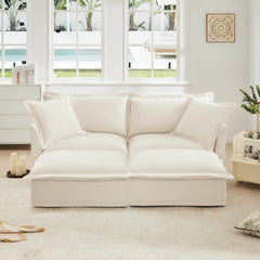 Slipcovered Sofa 2 Seater Sofa With 2 Ottomans, 2 Seater Sleeper Sofa Bed Home Theater Oversized Sofa For Living Room, Chenille, Cream