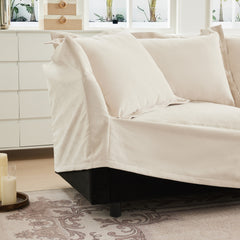 Slipcovered Sofa 2 Seater Sofa With 2 Ottomans, 2 Seater Sleeper Sofa Bed Home Theater Oversized Sofa For Living Room, Chenille, Cream