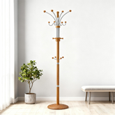 73" Tall Chrome and Wood Coat Rack, Oak finish