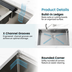 Stainless Steel Kitchen Sink, 30″x19″ Single Bowl, Undermount Handmade Sink in Brushed, with Cutting Board, Colander