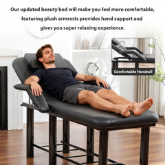 Professional Black Beauty Bed with Removable Headrest & Breast Cushions, Armrests and Storage Shelf for Massage, Facial, Tattoo & Spa