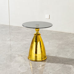 Round Side Table with Glass Top, Small Coffee End Table with Gold Metal Pedestal Base, Modern Accent Drink Table for Living Room, Bedroom, or Balcony (Black & Gold)