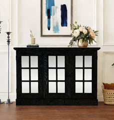 45" W Storage cabinet with 3 mirrored acrylic doors, sideboard with adjustable shelves for living room dinning room kitchen, black decorative laminates and MDF substrate buffet with magnetic door