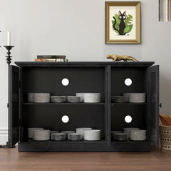 45" W Storage cabinet with 3 mirrored acrylic doors, sideboard with adjustable shelves for living room dinning room kitchen, black decorative laminates and MDF substrate buffet with magnetic door