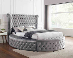 1pc Unique Round Glam Gray Velvet Like Acrylic Button-Tufted Detailing Storage Bed Queen Size
