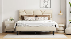 Queen Bed Frame, linen storage headboard, strong and stable, no noise, no box spring, easy to assemble (Beige)