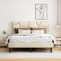 Queen Bed Frame, linen storage headboard, strong and stable, no noise, no box spring, easy to assemble (Beige)