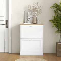 HOMCOM Slim Shoe Cabinet for Entryway, Modern Hidden Shoe Storage Cabinet with 2 Flip Drawers and Adjustable Shelves for 12 Pairs of Shoes, White