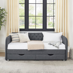 Twin Size Upholstery Daybed with Trundle Bed and Two Storage Drawers , Flat Arms with Pocket, Extendable Daybed for Bedroom Living Room,Linen Dark Gray