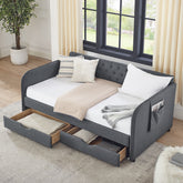 Twin Size Upholstery Daybed with Trundle Bed and Two Storage Drawers , Flat Arms with Pocket, Extendable Daybed for Bedroom Living Room,Linen Dark Gray