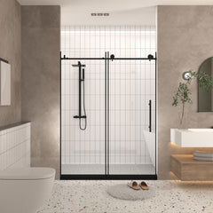 Frameless shower door 44-48 "W x 76" H, 1/4 "(6 mm) Clear Tempered Glass, Explosion Proof Film, Stainless Steel Handle, Matte Black