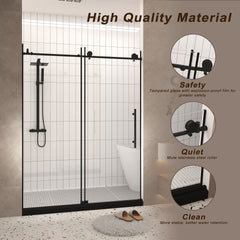 Frameless shower door 44-48 "W x 76" H, 1/4 "(6 mm) Clear Tempered Glass, Explosion Proof Film, Stainless Steel Handle, Matte Black
